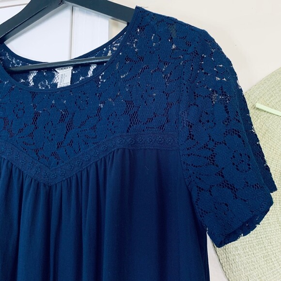 Forever 21 Navy Embroidered Lace Flowy Babydoll A-Line Dress | Size: L - Picture 3 of 7